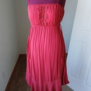 Lush Pink Sundress Small boho midi side cutouts adjustable straps ruffled hi-lo